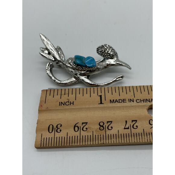 Vintage Roadrunner Silver Tone Faux Turquoise Stone Brooch Pin - Picture 3 of 4